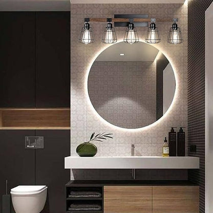 5 Lights Modern Wall Lighting Over Mirror,Bathroom Vanity Light Fixtures,Farmhouse Black Wood Metal Cage Industrial Wall Sconce
