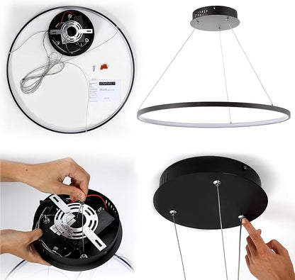 JONATHAN Y 35" Matte Black Modern Integrated LED Pendant Light, Dimmable Round Hoop Chandelier for Kitchen Island, Dining Room, Adjustable Height Metal Hanging Light (JYL7220A)