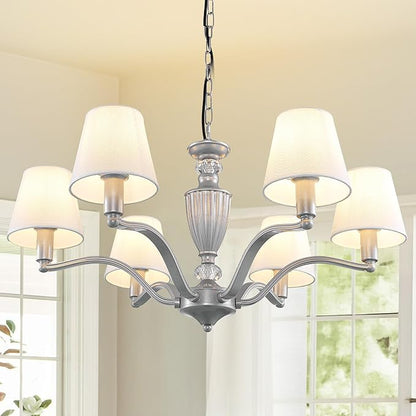 WJShome 29" Farmhouse Chandelier, 6-Light Dining Room Light Fixture/Chandelier Over Table, Rustic Vintage Kitchen Island Lighting, Modern Silver Hanging Pendant Lights for Living Room, Bedroom, Foyer