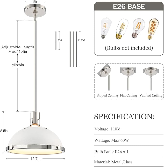 12.7 Inch White and Nickel Modern Pendant Lights, Mid Century Dome Kitchen Island Pendant Lighting, 1-Light Small Ceiling Hanging Light Fixture with Opal Glass Diffuser, Over Sink Table Bar