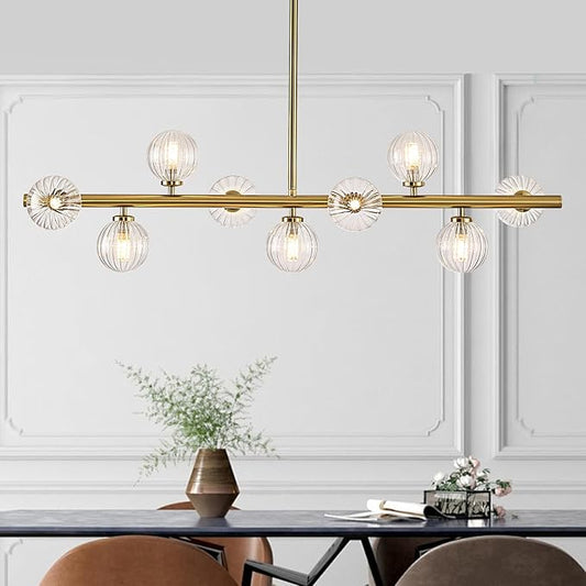 Mid Century Modern Glass Globe Sputnik Chandelier, 9-Light Linear Chandeliers for Dining Room, Kitchen Island, Living, Dining Light Fixture Over Table, Brass Gold and Clear Bubble, 40 Inch