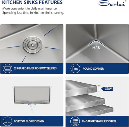 Sarlai 23 Undermount Bar Sink - 23 x 19 Inch Kitchen Sink Ledge Workstation 16 Gauge Stainless Steel Single Bowl RV Bar Prep Basin Kitchen Outdoor Sinks