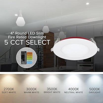 Maxxima 4 in. 2 Hour Fire Rated Ultra Thin LED Downlight, Slim Recessed Canless Light, IC Rated, 800 Lumens, 5 Color Temperature Selectable 2700K/3000K/3500K/4000K/5000K, Dimmable, J-Box Included