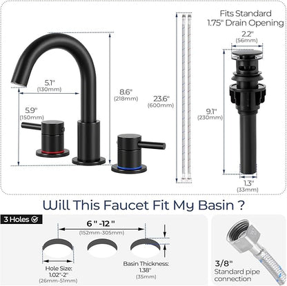 Bathroom Faucet 3 Hole, Matte Black Bathroom Sink Faucet with Pop Up Drain, 8 inch Widespread Bathroom Faucet with 360° Swivel Spout, 2 Handle Vanity Faucet with Water Supply Hoses