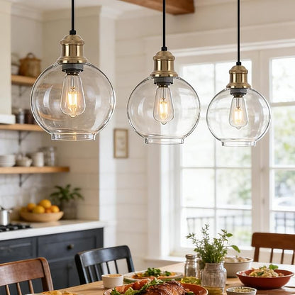 Modern Globe Pendant Light, 8 Inch Clear Glass Hanging Lamp with Brushed Gold Finish, Adjustable Cord Ceiling Fixture for Kitchen Island Dining Room Sink, E26 Base
