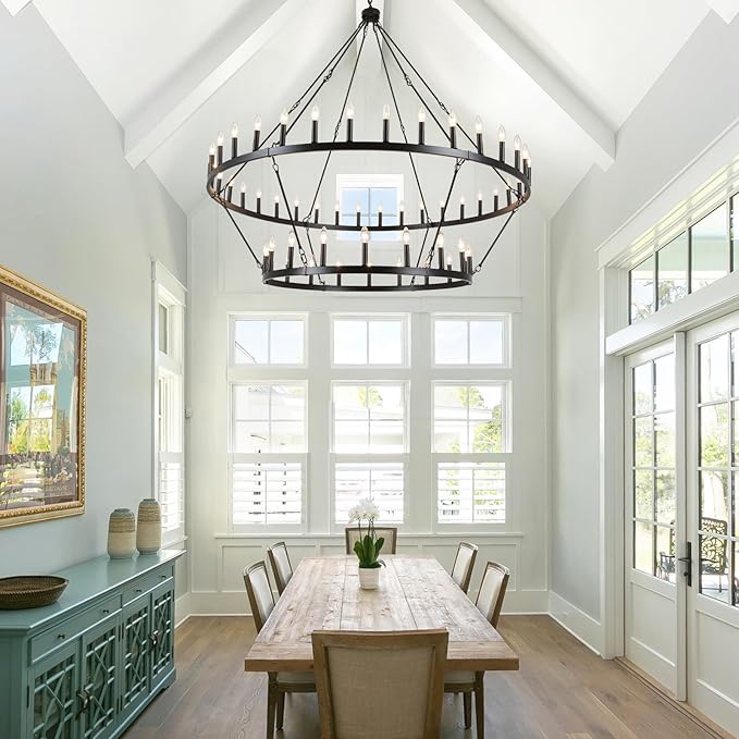 ANKYLHUA 60 Inch Black Extra Large Wagon Wheel Chandelier, 2 Tier 54-Lights Farmhouse Chandeliers Industrial Round High Ceiling Pendant Light for Dining Room, Living Room, Entryway