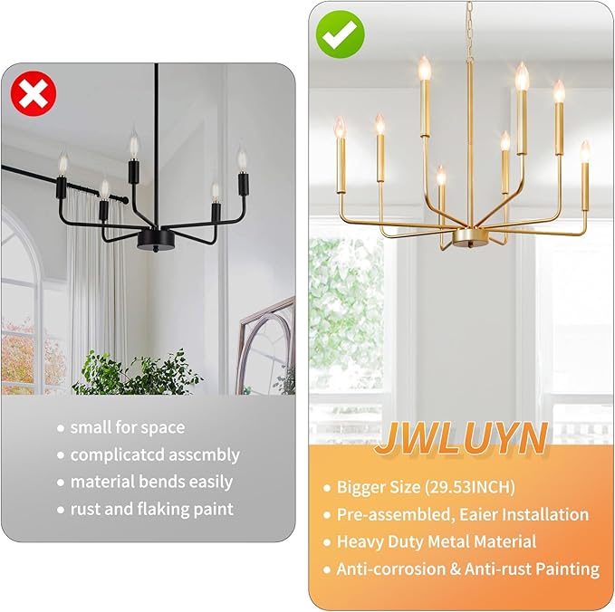 Gold Chandelier: 8-Light 29.5 Inch Candle Style Chandelier with Candelabra Arms - Modern Farmhouse Dining Room Light Fixture for Foyer Kitchen Island - E12 Base