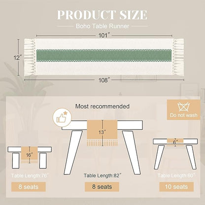 FEXIA Boho Table Runner for Home Decor with Tassels 108 Inches Long,Sage Green Farmhouse Rustic Table Runner Macrame Burlap Table Decoration for Living Room Bridal Shower(12x108 Inches)