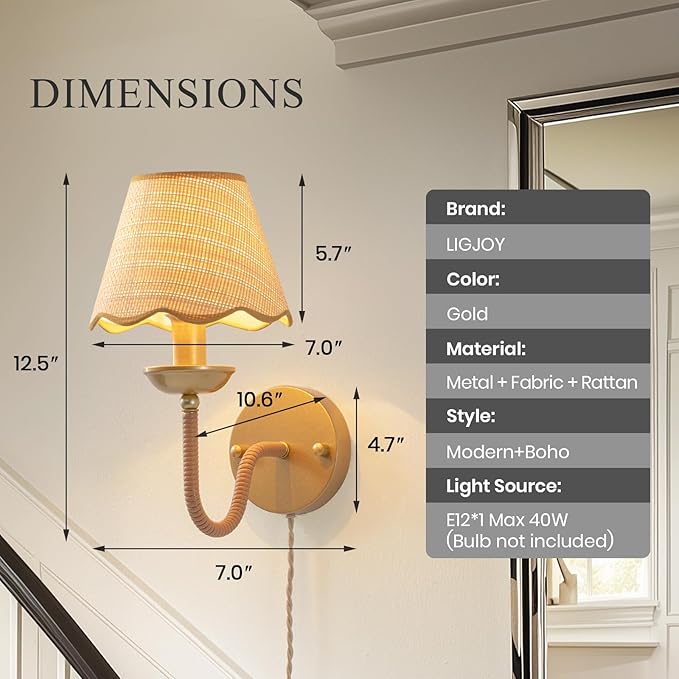 Rattan Wall Sconce,Boho Hand-Woven Gold Wall Light,Rustic Modern Rattan Sconce Lighting,Gold Plug in Wall Lights for Living Room,Bedroom,Hallway,Vanity,1-Light
