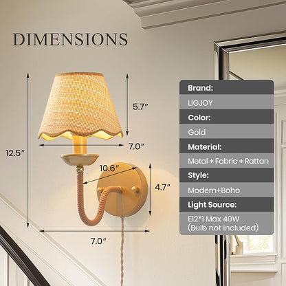 Rattan Wall Sconce,Boho Hand-Woven Gold Wall Light,Rustic Modern Rattan Sconce Lighting,Gold Plug in Wall Lights for Living Room,Bedroom,Hallway,Vanity,1-Light