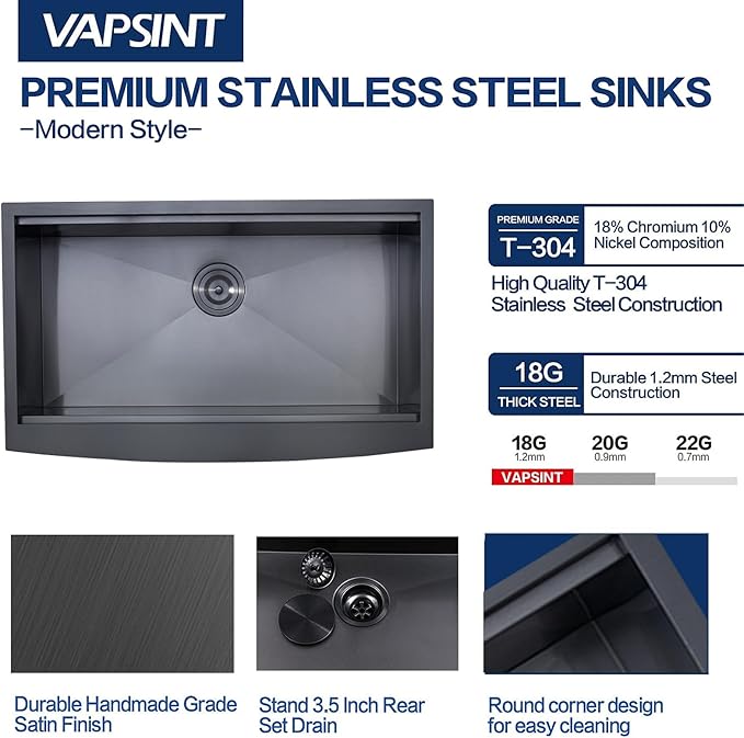 VAPSINT 33 Inch Black Farmhouse Kitchen Sink, 33x20x9 Inches Stainless Steel Undermount 16 Gauge Deep Single Bowl Apron Front Workstation Ledge Farm Sink with Accessories
