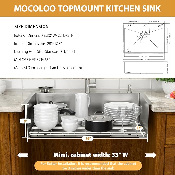 Mocoloo Drop In Kitchen Sink with Faucet Combo 16 Gauge Stainless Steel Single Bowl 30 Inch Drop In Sink with Cup Washer, Pull-out Faucet, and Soap Dispenser, 30''x22''x9'' Topmount Kitchen Sinks