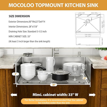 Mocoloo Drop In Kitchen Sink with Faucet Combo 16 Gauge Stainless Steel Single Bowl 30 Inch Drop In Sink with Cup Washer, Pull-out Faucet, and Soap Dispenser, 30''x22''x9'' Topmount Kitchen Sinks