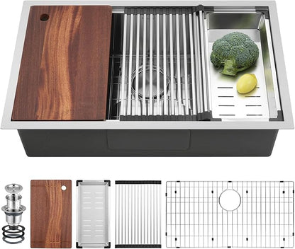 30 Inch Undermount Kitchen Sink Workstation, Stainless Steel Handmade 10”Deep Large Single Bowl Undermount Sink 30x19 with Accessories (Brushed)