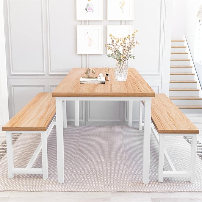 Recaceik 47" Dining Room Table Set with 2 Benches, Kitchen Dining Table Set for 4-6, Space Saving Kitchen Table and Chair Set for Dining Room, Small Space, Breakfast Nook(Walnut)