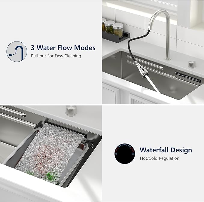 Logmey 33" Undermount Waterfall Sink with Pull-out Faucet & Temperature Control Knob,Nano PVD 33x17 Double Step Workstation Kitchen Sink,16 Gauge All in One Single Bowl Sinks