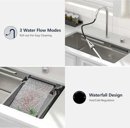 Logmey 33" Undermount Waterfall Sink with Pull-out Faucet & Temperature Control Knob,Nano PVD 33x17 Double Step Workstation Kitchen Sink,16 Gauge All in One Single Bowl Sinks