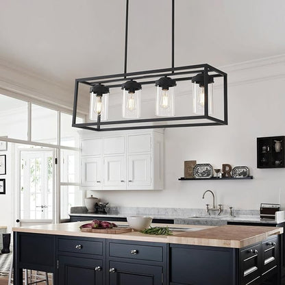 Black Dining Room Light Fixtures, Farmhouse Chandeliers for Dining Room Rustic Kitchen Island Light Fixtures Vintage Antique Linear Adjustable Hanging Pendant Light with Clear Glass Shade