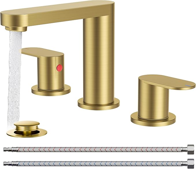 QFN Brushed Gold Bathroom Faucets 3 Hole, 8 inch Widespread Bathroom Faucet with Pop Up Drain and 24" cUPC Supply Hoses, Lead-Free Two Handles Suitable for 6-12 Inch RV, Restroom, Vanity Sink