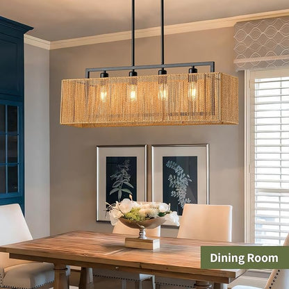 4-Light Rattan Chandeliers for Dining Room, Boho Chandelier 32 Inch Rattan Light Fixture Farmhouse Linear Lighting Wicker Rectangular Chandelier for Kitchen Island Bar