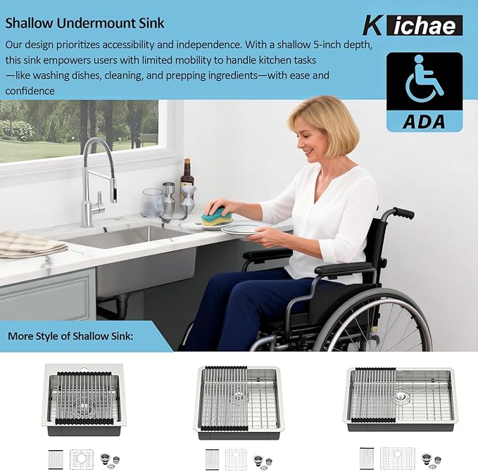 Kichae 27 Inch Undermount Kitchen Sink 27” x18” x5” Kitchen Sink Stainless Steel 16 Gauge Shallow Kitchen Sink Round Corner Handmade Basin