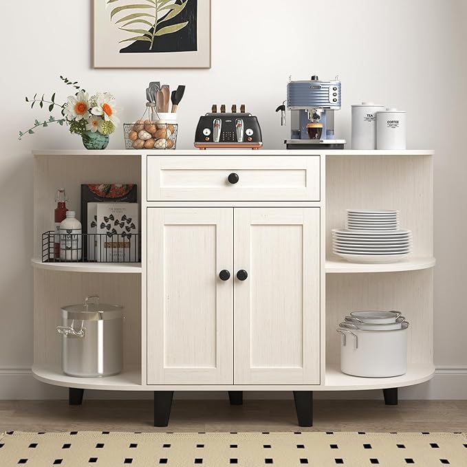 Sideboard Buffet Cabinet with Power Outlet,Freestanding Kitchen Cabinet with Storage,Accent Coffee Bar with Doors(White)