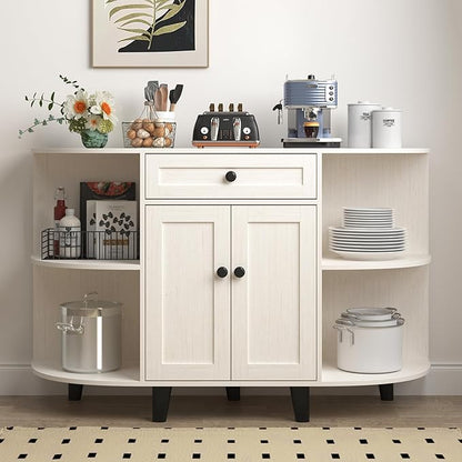 Sideboard Buffet Cabinet with Power Outlet,Freestanding Kitchen Cabinet with Storage,Accent Coffee Bar with Doors(White)