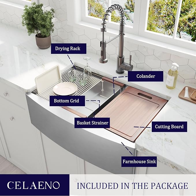 CELAENO Stainless Steel Farmhouse Sink 30 inch, Single Bowl Kitchen Sink Workstation 18 Gauge, Handmade R10 Radius Corners Rear Drain Farm Sink (Stainless Steel, 30" x 22" x 9")