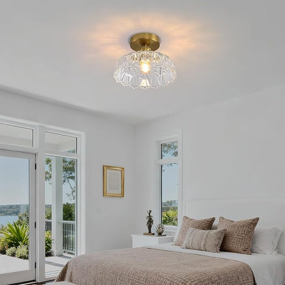 Semi Flush Mount Ceiling Light Mid Century Modern Floral Translucent Glass Shade, Close to Ceiling Lighting Fixtures for Bedroom, Bathroom, Kitchen, Closet Laundry Room, Foyer and Hallway 9.45 in