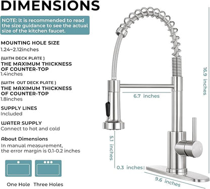 Kitchen Faucet with Pull Down Sprayer,Commercial Single Handle Stainless Steel Kitchen Faucets with Deck Plate (Brush Nickel)