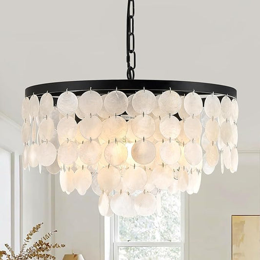 18" Capiz Shell Chandelier for Ddining Room 4 Light Bathroom Chandeliers Over Tub Black Coastal Chandelier for Bedroom Entryway and Foye