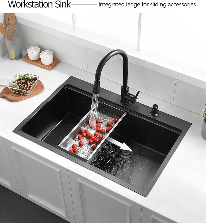 33 Drop In Black Workstation Kitchen Sink, Luckyhorse 33x22 Inches 16 Gauge Nano Black Stainless Steel Sink Topmount Workstation Single Bowl Kitchen Sink LH007SB