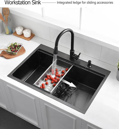 33 Drop In Black Workstation Kitchen Sink, Luckyhorse 33x22 Inches 16 Gauge Nano Black Stainless Steel Sink Topmount Workstation Single Bowl Kitchen Sink LH007SB