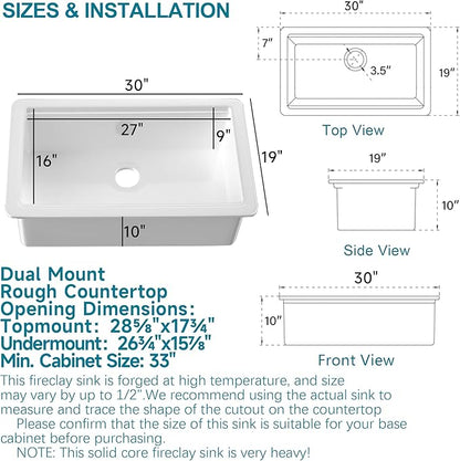 Undermount Workstation Kitchen Sink White 30 x 19 Inch, Fireclay Sink Drop In Single Bowl, Dual Mount Heavy Duty Deep Basin, Included Cutting Board, White, for Kitchen