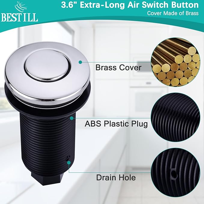 BESTILL Sink Top Garbage Disposal Air Switch Kit with Single Outlet, UL Listed, Chrome 3.6" Long Push Button with Brass Cover