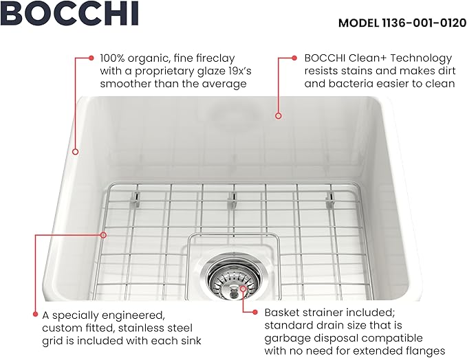 BOCCHI Classico Farmhouse Apron Front Fireclay 20 in. Single Bowl Kitchen Sink with Protective Bottom Grid and Strainer in White