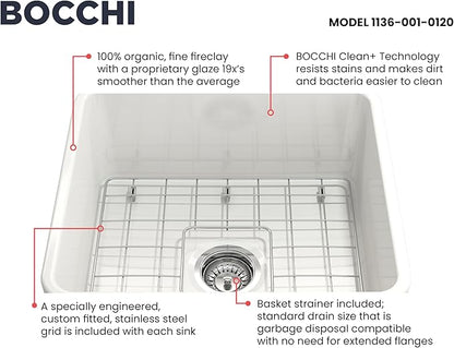 BOCCHI Classico Farmhouse Apron Front Fireclay 20 in. Single Bowl Kitchen Sink with Protective Bottom Grid and Strainer in White