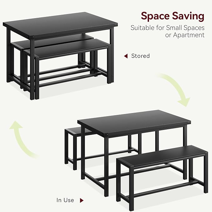 CABIHOME Dining Table Set for 4 with 2 Benches, Kitchen Table Set for 4-6 with Corner Protector, Dining Table and 2 Benches with H-Shaped Frame for Small Space, Kitchen, Apartment，Black