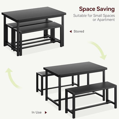 CABIHOME Dining Table Set for 4 with 2 Benches, Kitchen Table Set for 4-6 with Corner Protector, Dining Table and 2 Benches with H-Shaped Frame for Small Space, Kitchen, Apartment，Black