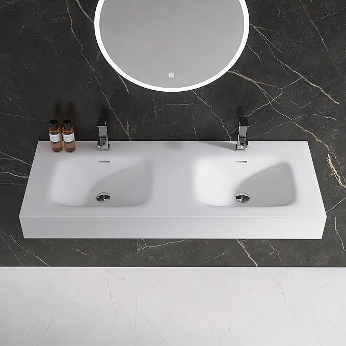 Wall Mount Double Bathroom Sink 47"L x 18"W x 5"H, Resin Stone Floating Sink with Facuet Holes, Rectangle Countertop Freestanding Vessel Sinks (Double Holes 47'')