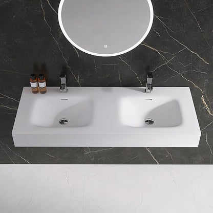 Wall Mount Double Bathroom Sink 47"L x 18"W x 5"H, Resin Stone Floating Sink with Facuet Holes, Rectangle Countertop Freestanding Vessel Sinks (Double Holes 47'')