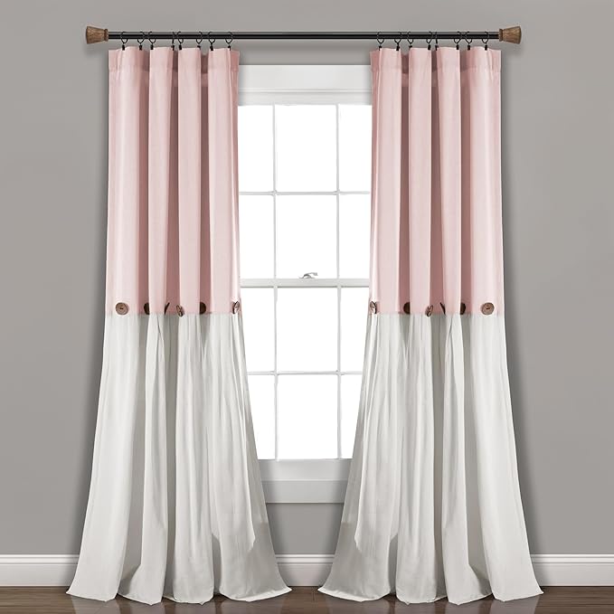 Lush Decor Linen Button Window Curtain Panel, Single, 40" W x 108" L, Blush & White - Rustic Decor - Color Block Modern Farmhouse Curtains For Living Room, Bedroom & Dining Room