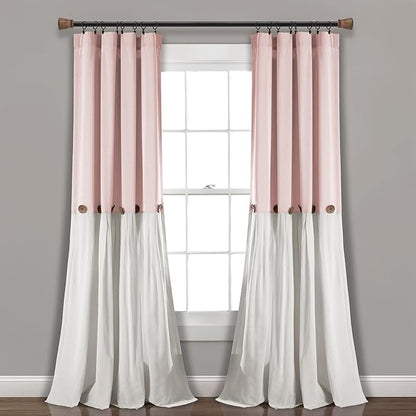 Lush Decor Linen Button Window Curtain Panel, Single, 40" W x 108" L, Blush & White - Rustic Decor - Color Block Modern Farmhouse Curtains For Living Room, Bedroom & Dining Room