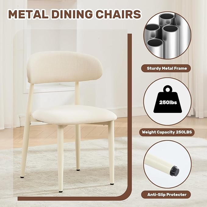 UVV Dining Chairs Set of 6, Metal Kitchen Chairs with Modern Fabric Upholstered for Dining Room, Beige