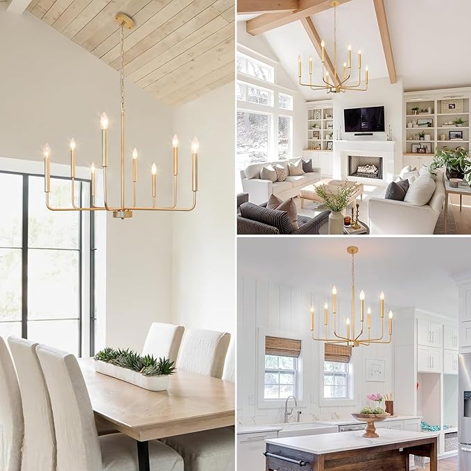 Gold Chandeliers, 8-Light Modern Dining Room Light Fixtures, Rustic Candle Hanging Pendant Light for Living Room Entryway Foyer Bedroom Kitchen
