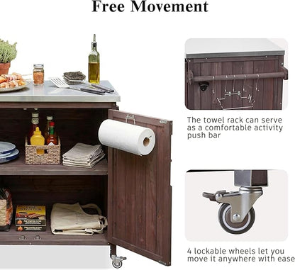 JIJIWANG 42.1" Outdoor Kitchen Island with Stainless Steel Top and Side Shelf, Outdoor Grill Cart with Storage Cabinet and Adjustable Shelves, Kitchen Cart on Wheels for Small Spaces Dark Brown
