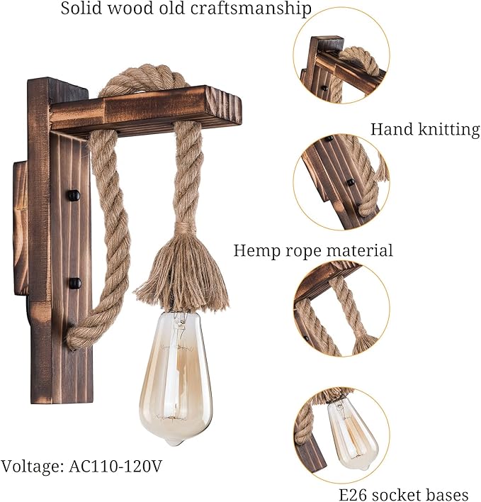 11.4" Height Wall Lamp Wood Wall Sconce Lighting Fixture Farmhouse Wall Lights Rustic Wall Mount Lamp with Wood Shelf Bracket Porch Lights Indoor Lighting for Bedroom, Living Room, Porch