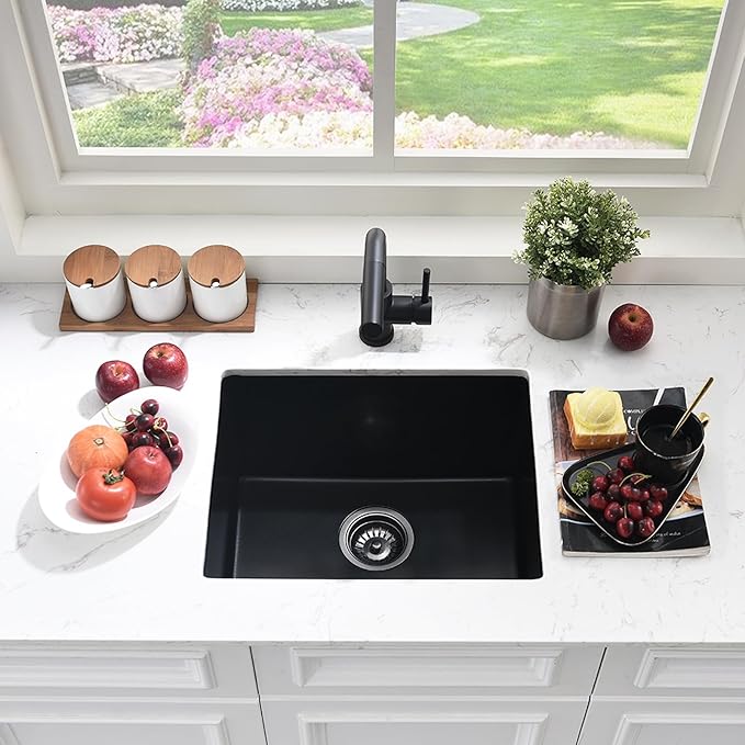 22 Inch Black Undermount Bar Sink with Faucet, 22x17 Inch Undermount Wet Bar Sink Granite Composite Single Bowl Quartz Outdoor Kitchen Sink, Heavy Durable Basin for Home