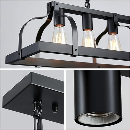 WUZUPS 5-Light Metal Chandelier Linear Pendant Ceiling Lighting Rustic Farmhouse Fixture Kitchen Island Dining Room, H 8.5" L 31.5" W10, E26 Base, Black