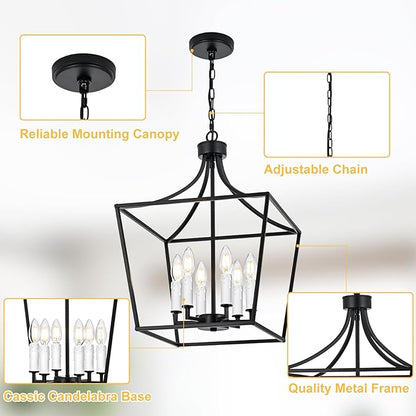 6-Light Large Classic Lantern Chandelier in Black, Height Adjustable Hanging Pendant Light Fixture for Kitchen Island Dining Room Foyer, E12 Bulb Base